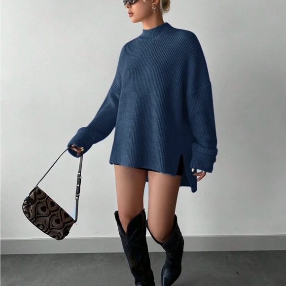 Cozy Mock High Neck Long Sleeve Slit Hi Low Hem Knit Sweater - Picture 6 of 13